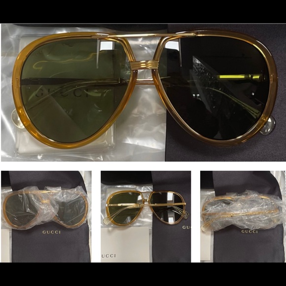 GUCCI UNISEX AVIATOR PILOT SHAPED SUNGLASSES WITH GREEN LENSES 2023 TOP COLOR - Picture 2 of 16